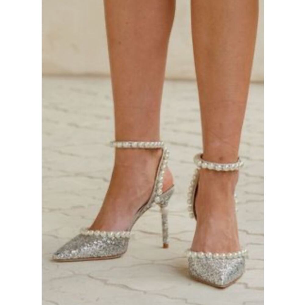 Nicola Bathie x Antonio Melani Glitter Pearls Ankle Strap Heels Size 9 Wedding - Picture 10 of 10